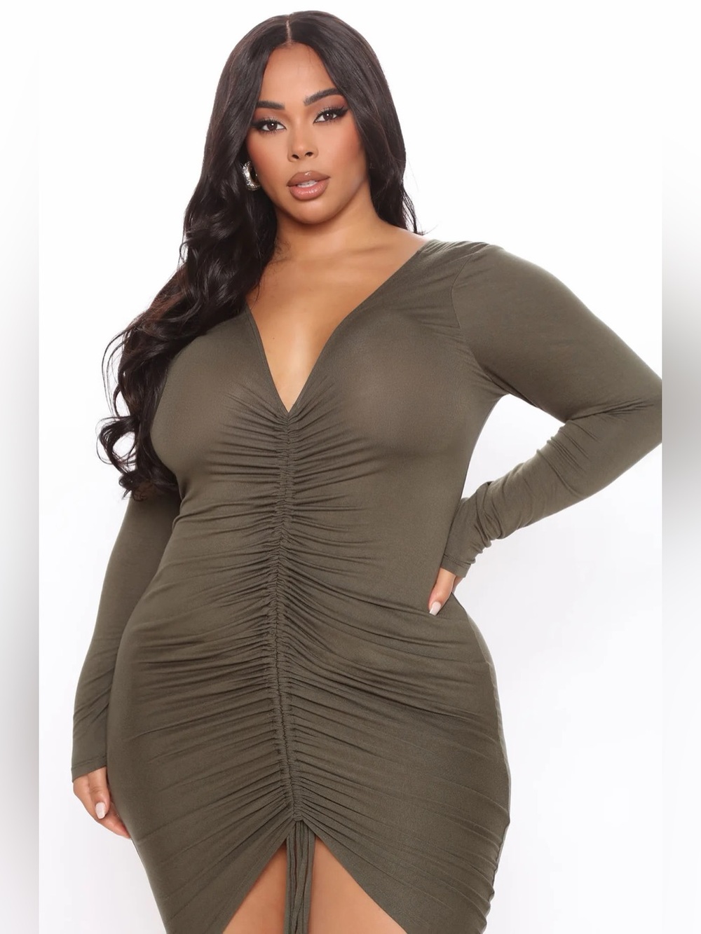 Fashion Nova Hong Kong Ruched Dress Olive Green - Picture 10 of 10